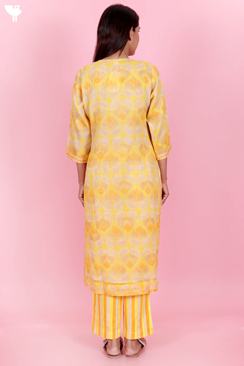 Kota Doria Kurta Pant Set With Dupatta In Block Print